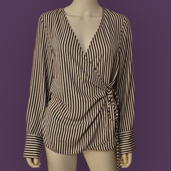 Vtg H&M Vertical Striped Surplice V-Neck Long Sleeve Wrap Blouse - Picture 1 of 10